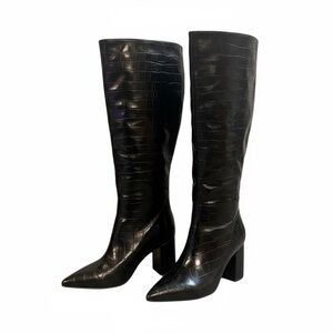 Black Crocodile Embossed Knee-High Boots